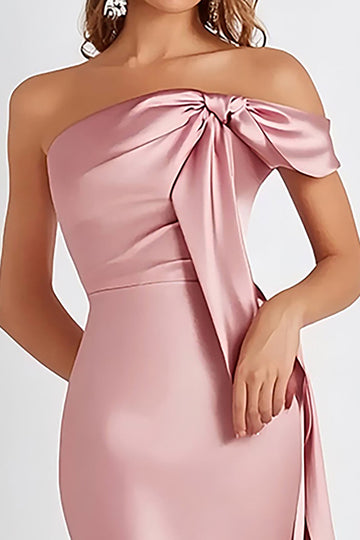 Rosa Satin Slida Plisserad Axelbandslös Formell Klänning